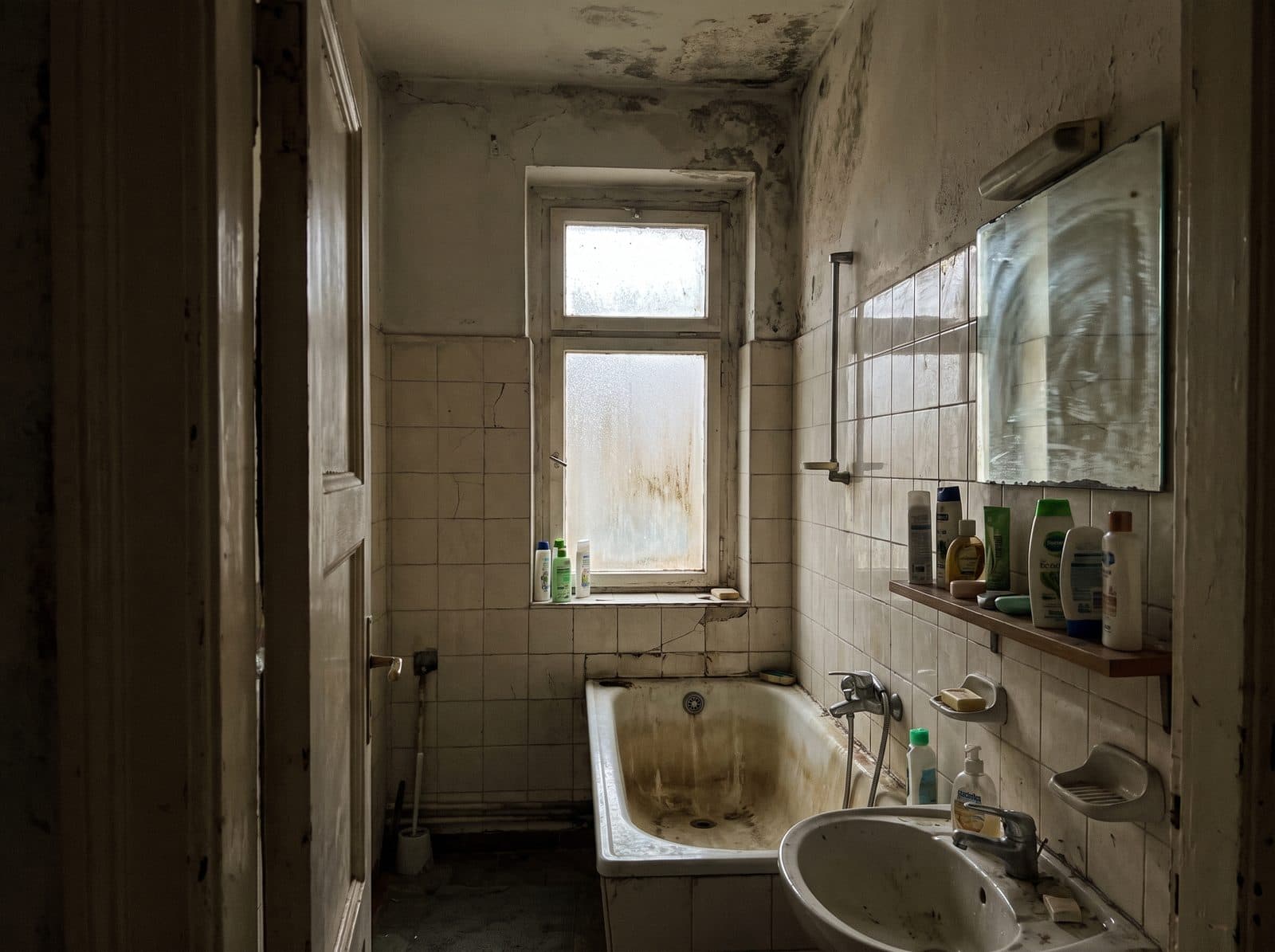 A neglected bathroom with dirty tiles and bathtub.