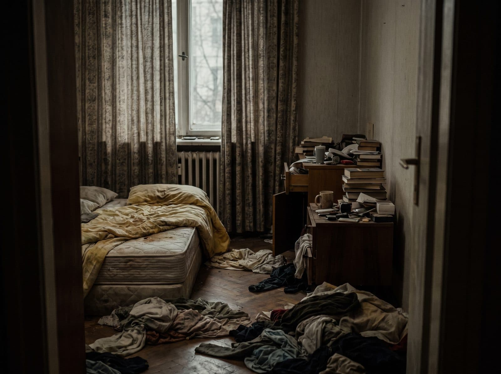 A neglected bedroom with clothes and dirty bedding.