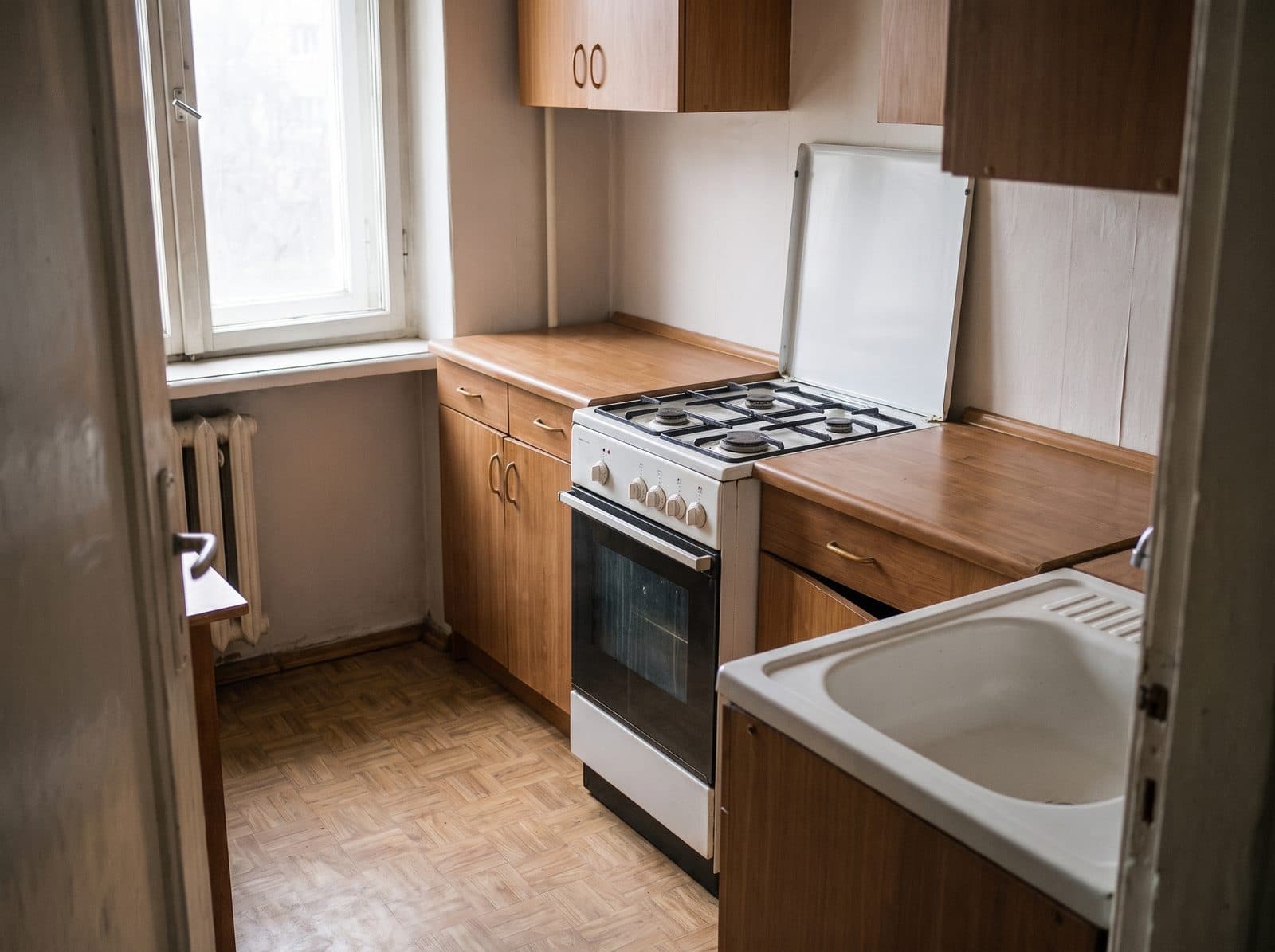 The same kitchen, empty and cleaned.