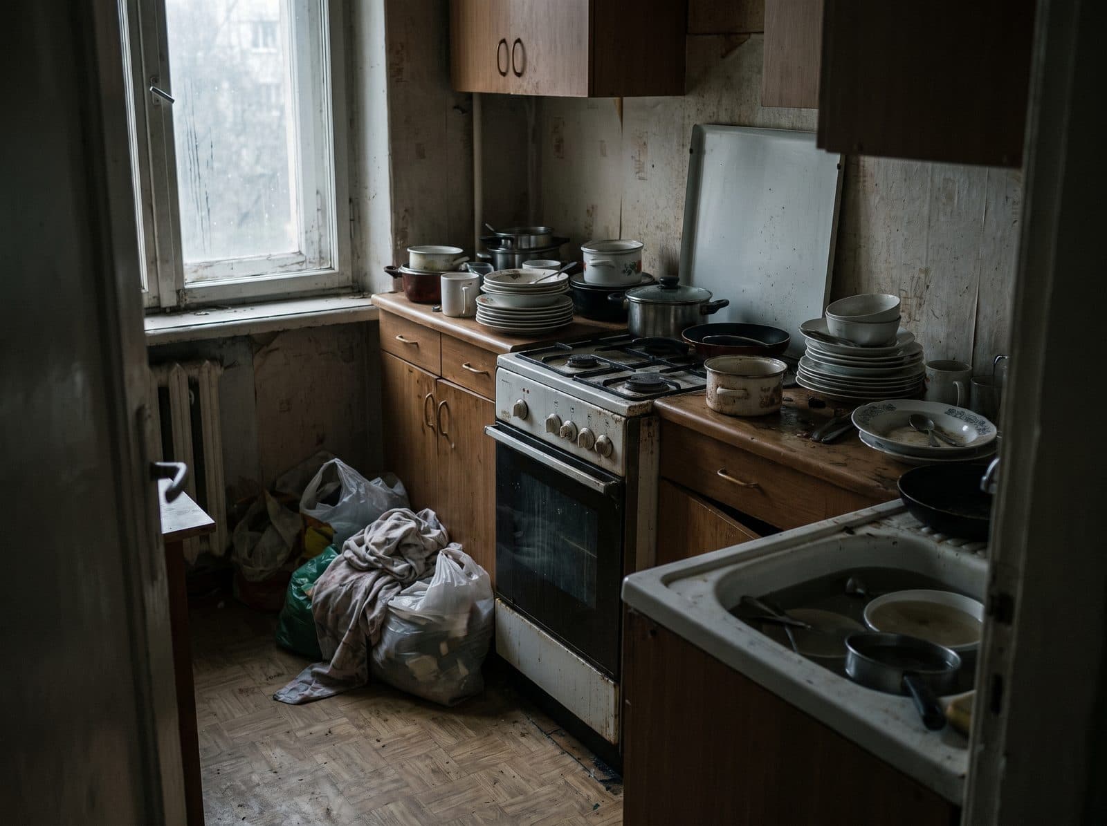 A neglected kitchen with dishes, bags and dirty counters.